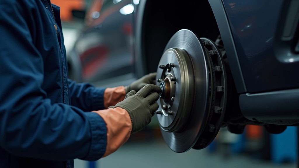 Technician inspecting brake pads during routine vehicle maintenance check
