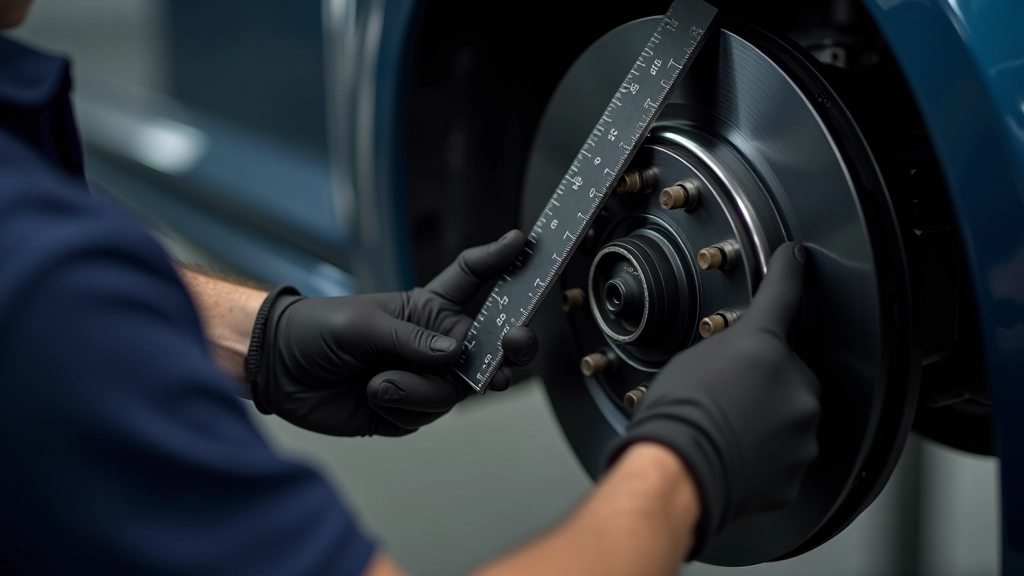 Close-up view of brake pad thickness measurement with ruler showing remaining friction material depth