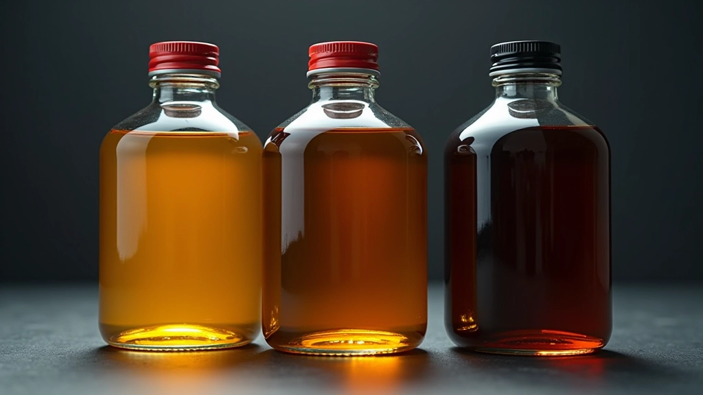 Close-up view of different motor oil types in transparent containers showing viscosity differences and color variations