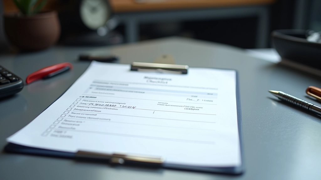 Vehicle maintenance schedule checklist with pen and automotive service records