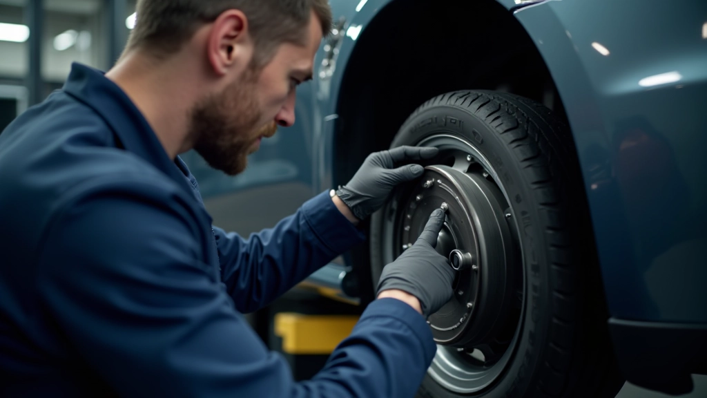 Mechanic inspecting brake pads on vehicle wheel showing wear measurement and rotor condition