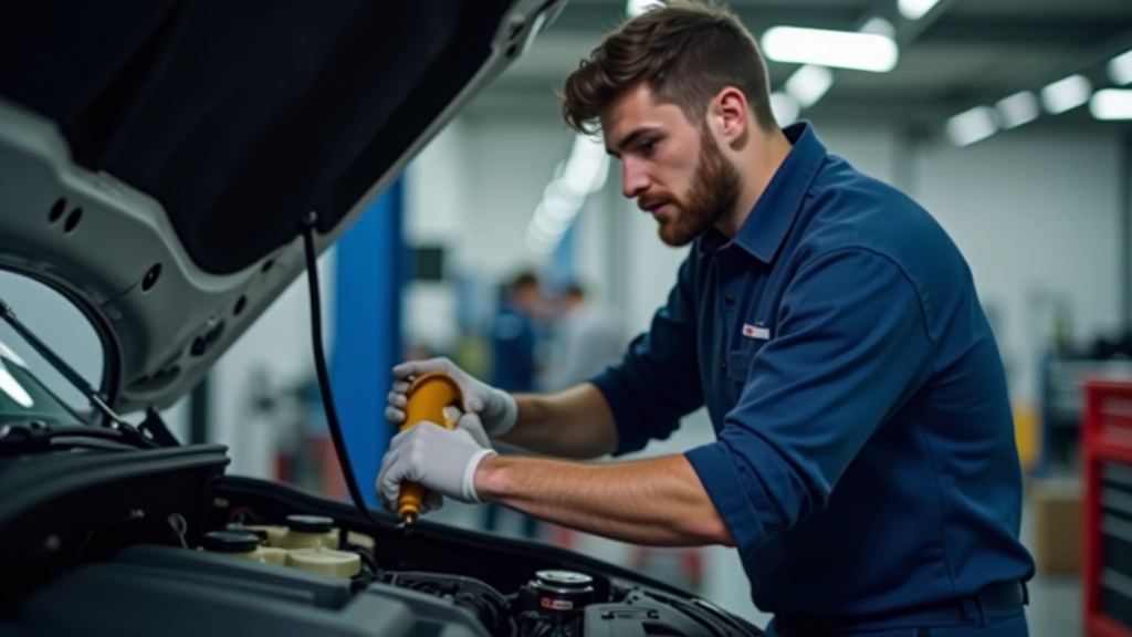 Professional mechanic performing oil change service on vehicle engine