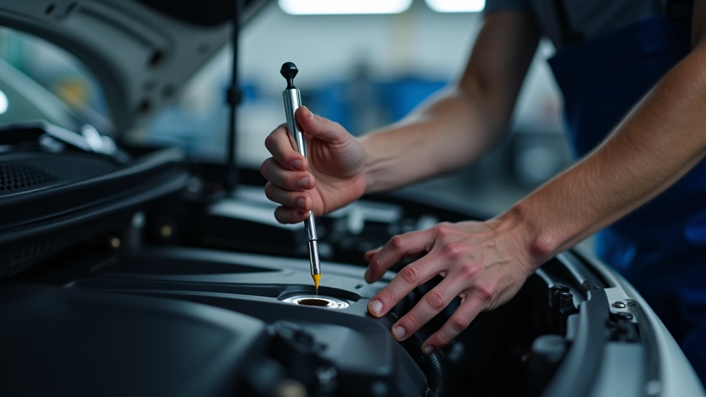 Mechanic checking engine oil level with dipstick during vehicle maintenance