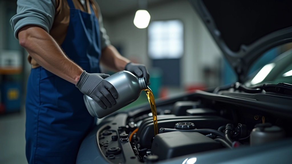 Technician pouring fresh motor oil into engine during oil change service at automotive shop