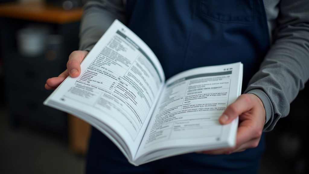 Mechanic checking oil viscosity specifications in vehicle owner's manual with reference chart visible
