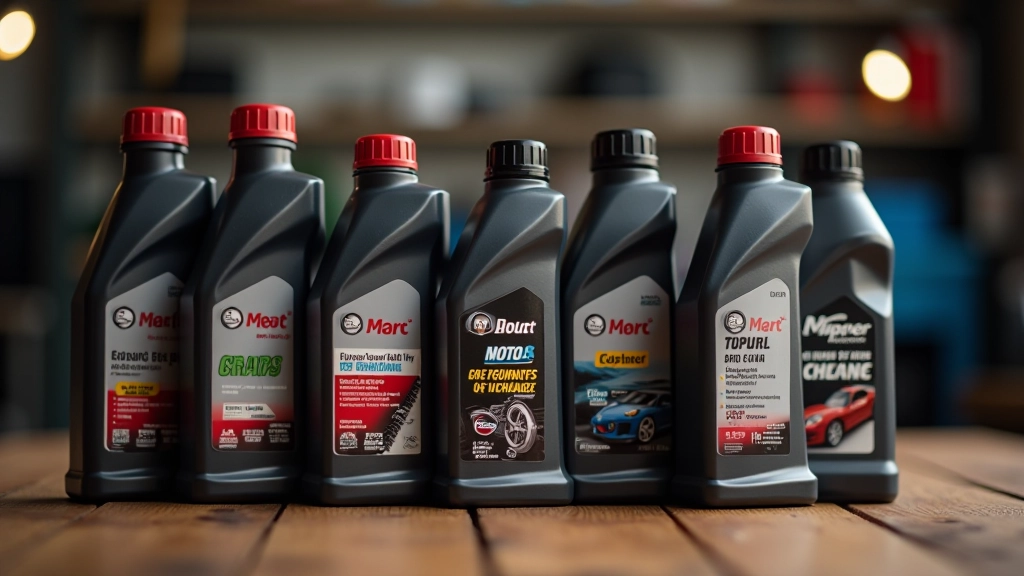 Different types of motor oil bottles displayed showing various viscosity grades