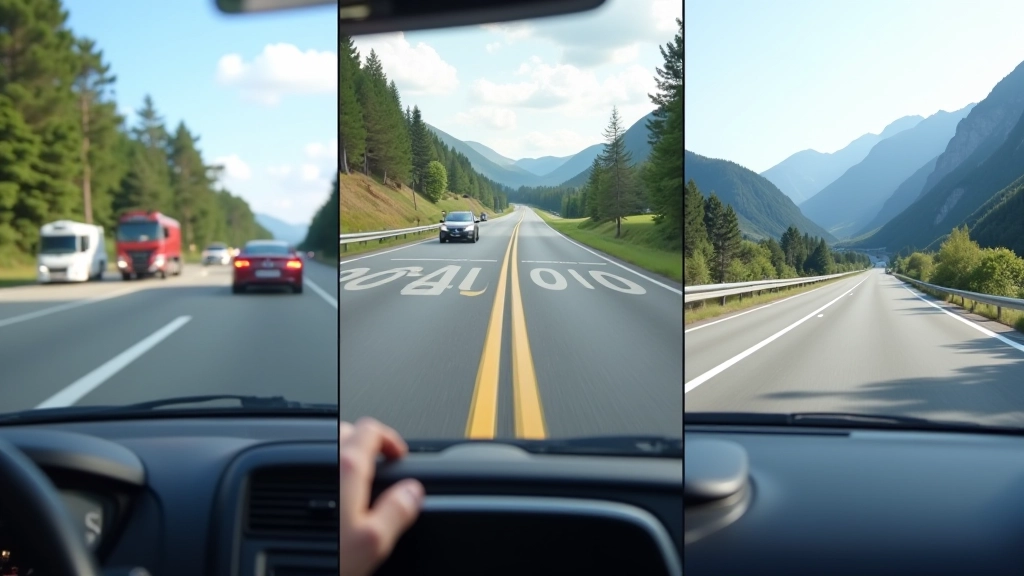 Different driving conditions shown through road scenes - city streets, highway, and mountain passes
