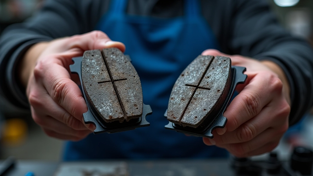 Worn brake pads compared to new pads showing significant thickness difference and wear patterns